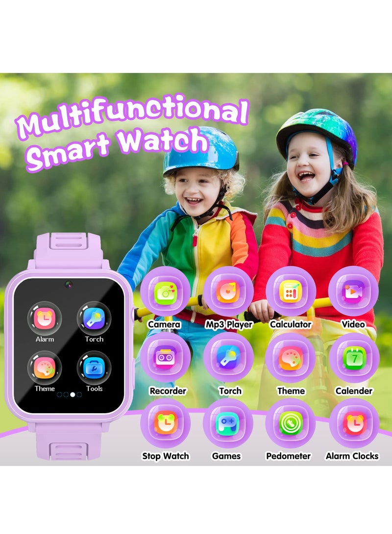 ساعة ذكية للأطفال، ساعة ألعاب ذكية مع 24 لعبة، شاشة تعمل باللمس عالية الدقة، فيديو، كاميرا، مشغل موسيقى، عداد الخطى، مصباح يدوي، ساعة منبه، ساعات أطفال للأولاد والبنات من 5-12 سنة (بنفسجي) - Image 2