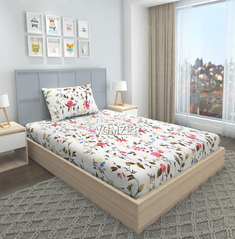 VOMZER 300 Tc Elastic Fitted Bedsheets Single Bed With 1 Pillow Cover | All Around Elastic, Size 36 X 72 10 Inches (Whitefloral) - Image 5