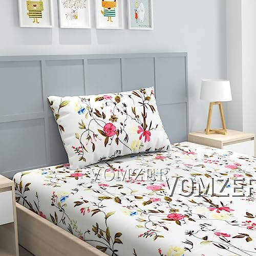 VOMZER 300 Tc Elastic Fitted Bedsheets Single Bed With 1 Pillow Cover | All Around Elastic, Size 36 X 72 10 Inches (Whitefloral) - Image 2