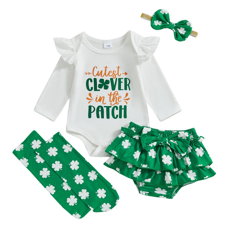 BeQeuewll Baby Girl St Patricks Outfit Letter Print Long Sleeve Romper Tutu Skirt Headband Set Newborn Baby Girls Clothe (Clover, 3-6 Months) - Image 1