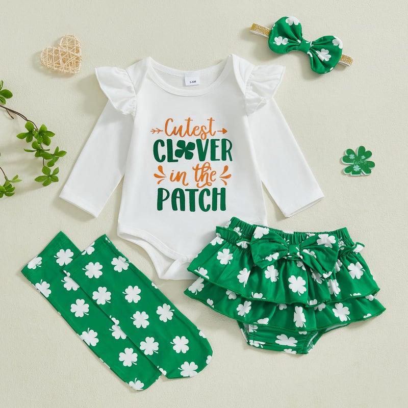 BeQeuewll Baby Girl St Patricks Outfit Letter Print Long Sleeve Romper Tutu Skirt Headband Set Newborn Baby Girls Clothe (Clover, 3-6 Months) - Image 2