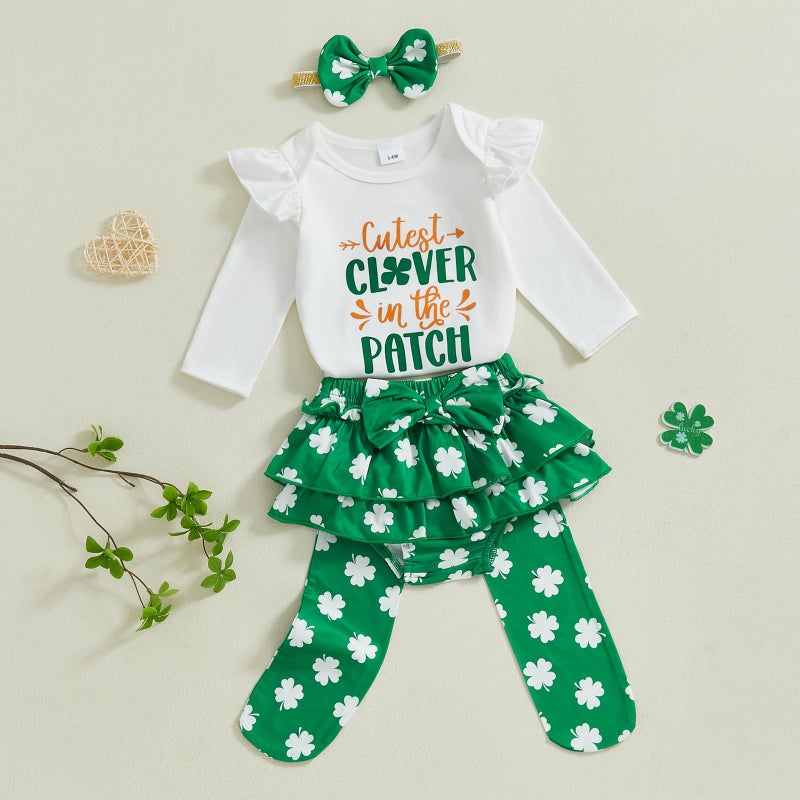 BeQeuewll Baby Girl St Patricks Outfit Letter Print Long Sleeve Romper Tutu Skirt Headband Set Newborn Baby Girls Clothe (Clover, 3-6 Months) - Image 3