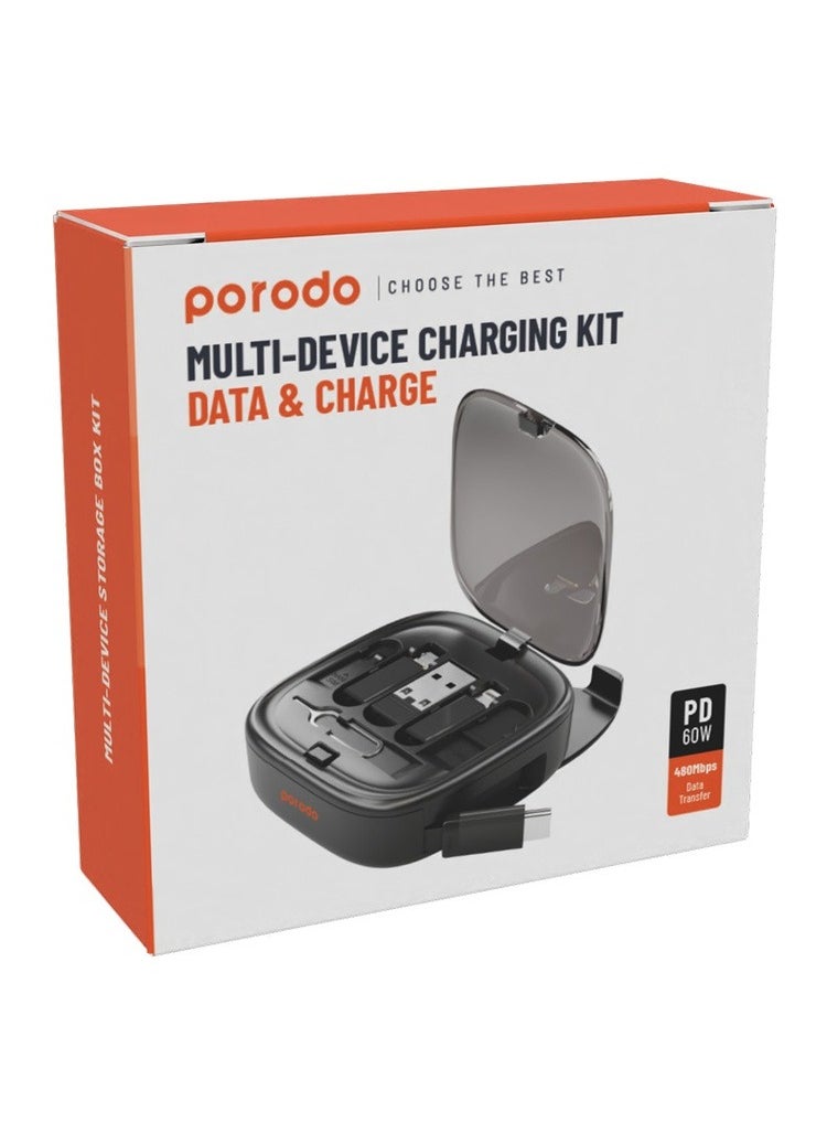 6in1 Multi-Functional Charge Kit for Data and Charge with 60W Retractable Type C-C Cable / USB-A Adapter/ Micro USB Adapter/Lightning Adapter/ Sim Tray Ejector/ TF Card Slot/ Sim Card Slot/ Mobile Holder - Black