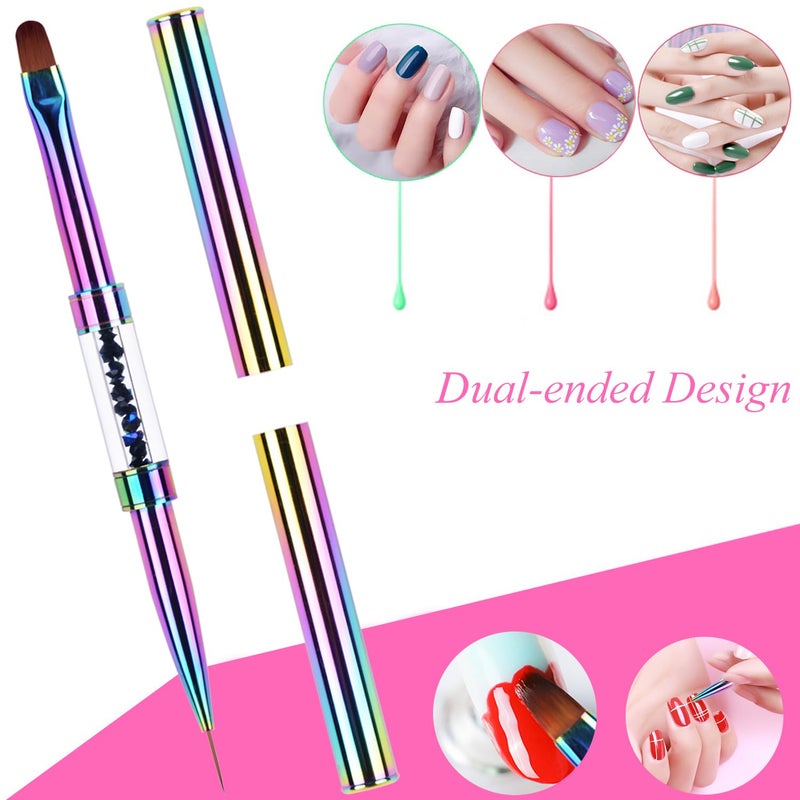 Ycyan 1Pcs Dual-ended UV Gel Nail Brush Rhinestone Handle Nail Art Liner Brush Polygel Hard Builder Gel Nail Brushes Rainbow - Image 3