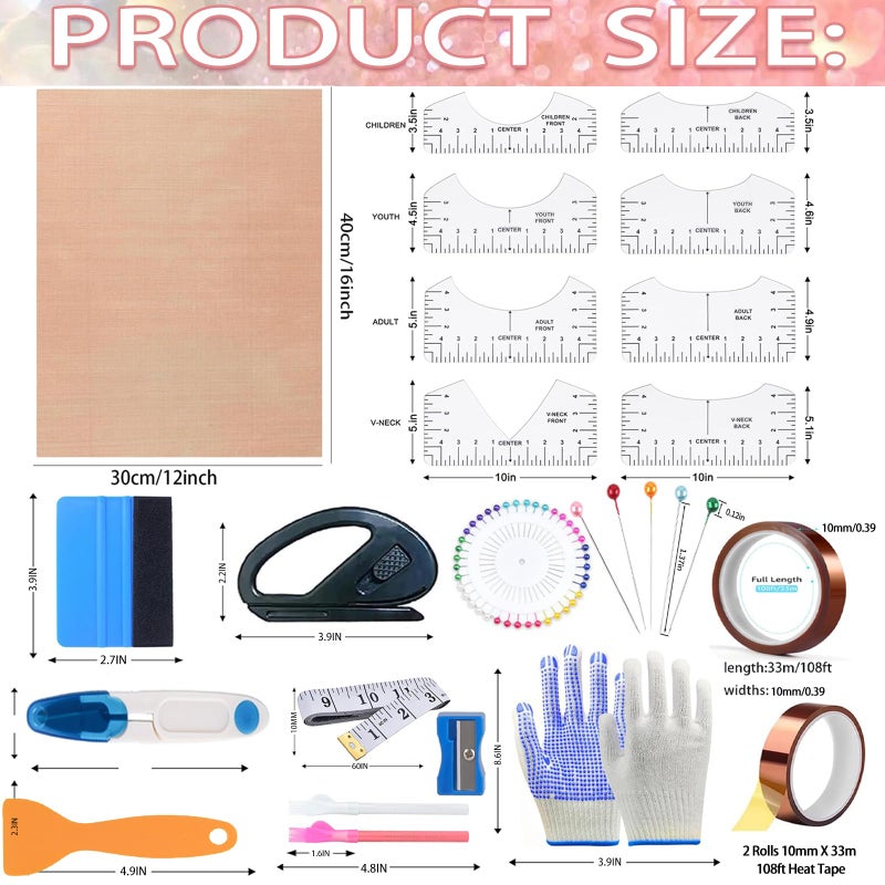 XEUZK Sublimation Shirts Tool Kits with 8 T Shirt rulers, 3Pack Teflon Sheet for Heat Press 12 x 16in, Heat Resistant Gloves with Silicone Bumps, 2 Rolls Heat Resistant Tape, 2Pcs Sublimation Pencil - Image 2