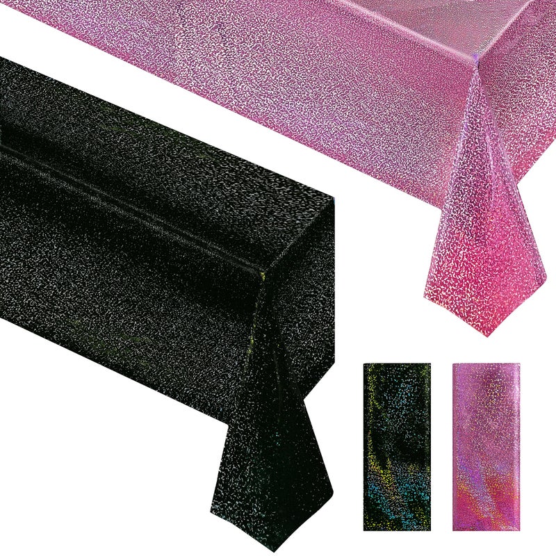 Just Shimmer 2 pcs Pink & Black Holographic Laser Tablecloth 40" x 108" Party Table Cloth Shimmer Shining Plastic Metallic Table Cover for Pink Halloween Decor Girls Baby Shower Birthday Party Supplies - Image 1