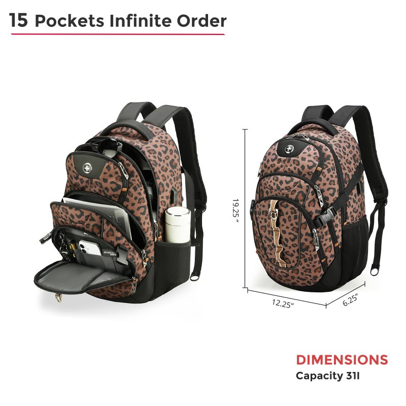 Swissdigital Laptop Backpack with USB Charging Port, Travel Backpack Fits 15.6 inches Computer, 31L Backpack for Men and Women, Brown Leopard | SD803-103 - Image 4