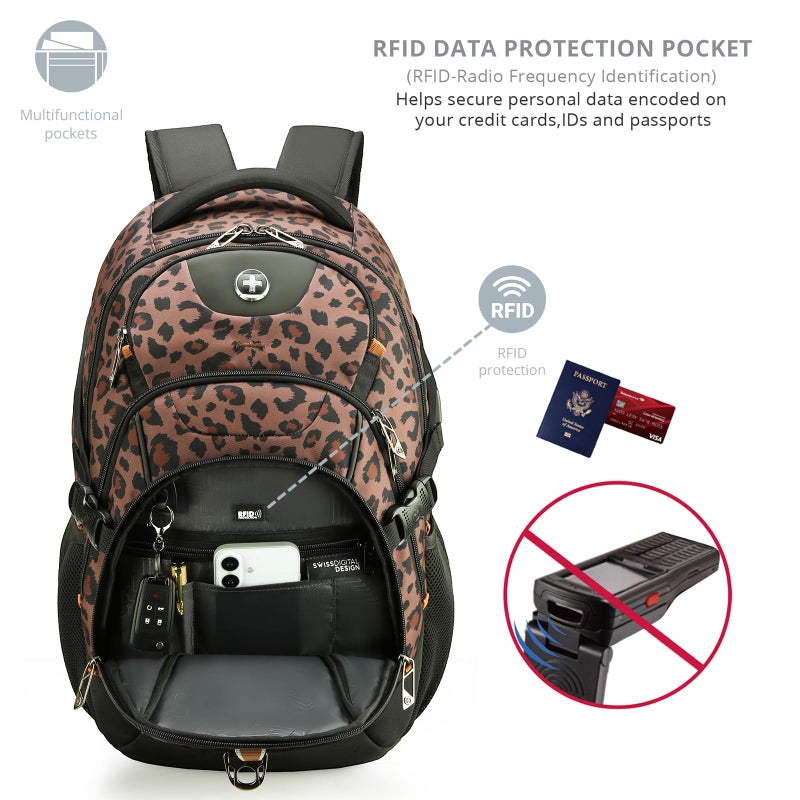Swissdigital Laptop Backpack with USB Charging Port, Travel Backpack Fits 15.6 inches Computer, 31L Backpack for Men and Women, Brown Leopard | SD803-103 - Image 2