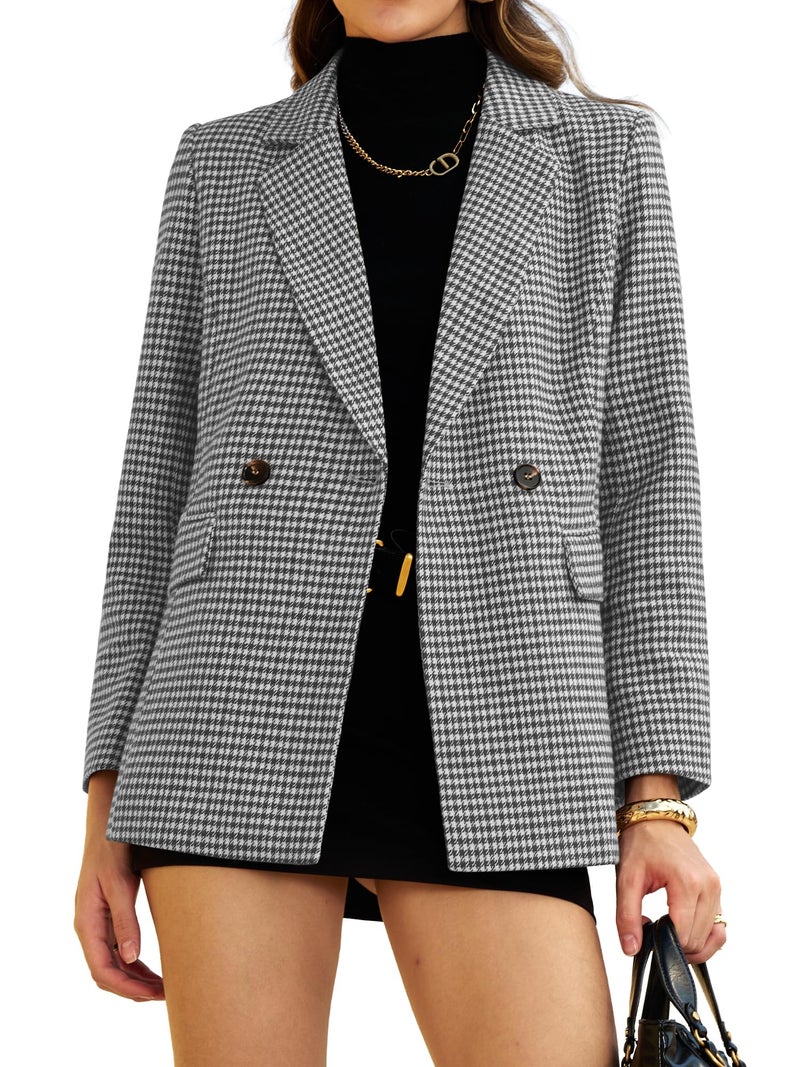 ELLEVEN Tweed Blazers for Women Business Casual Outfits Oversized Plaid Houndstooth Blazers Fall Long Jacket Work Casual Suit Old Money Office Professional Interview Clothes Black Houndstooth Medium - Image 1