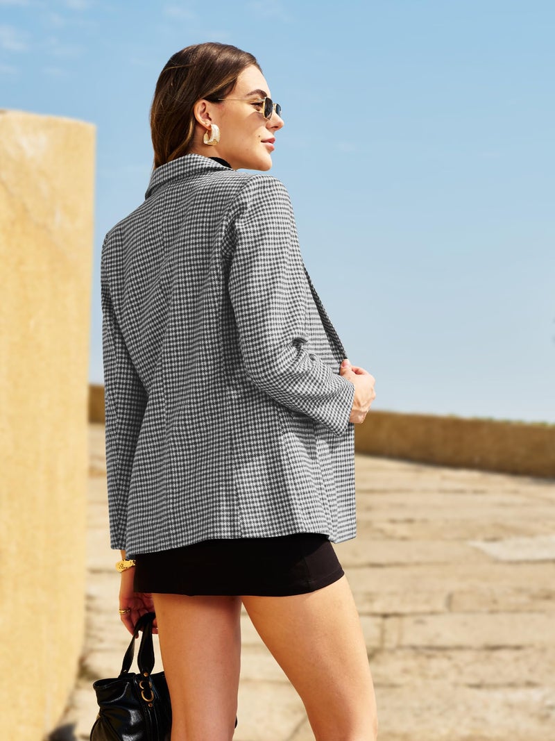 ELLEVEN Tweed Blazers for Women Business Casual Outfits Oversized Plaid Houndstooth Blazers Fall Long Jacket Work Casual Suit Old Money Office Professional Interview Clothes Black Houndstooth Medium - Image 3