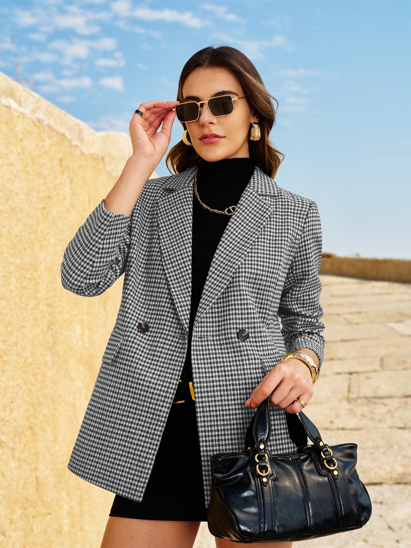 ELLEVEN Tweed Blazers for Women Business Casual Outfits Oversized Plaid Houndstooth Blazers Fall Long Jacket Work Casual Suit Old Money Office Professional Interview Clothes Black Houndstooth Medium - Image 2