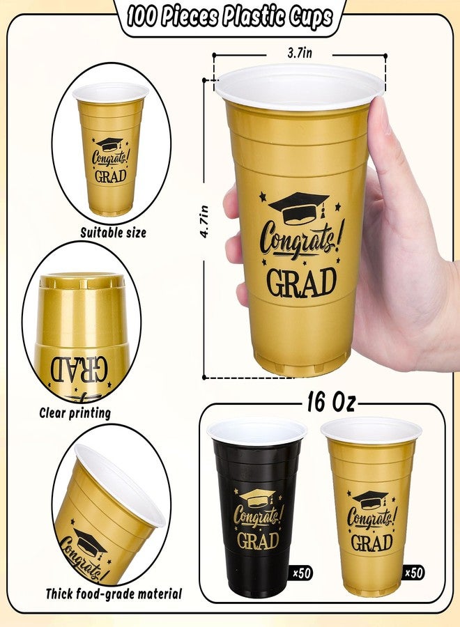 FYSUIMU 100Pcs 2025 Graduation Cups Bulk 16Oz Gold Black Plastic Cup Congrats Grad Disposable Drinking Cups for Home School Grad Party Supplies - Image 2