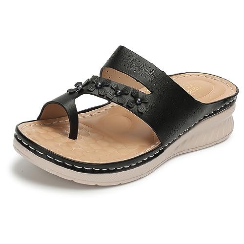XE Looks Women's Black Orthopedic Wedge Slippers | Stylish Floral Cut-Out Design | Comfortable Doctor Slippers with Cushioned Support For Girls & Women - Image 1