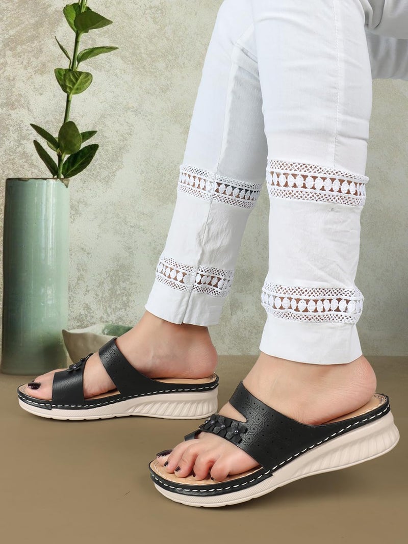XE Looks Women's Black Orthopedic Wedge Slippers | Stylish Floral Cut-Out Design | Comfortable Doctor Slippers with Cushioned Support For Girls & Women - Image 4
