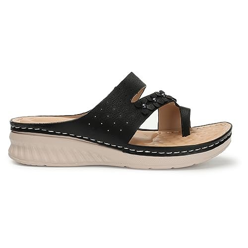 XE Looks Women's Black Orthopedic Wedge Slippers | Stylish Floral Cut-Out Design | Comfortable Doctor Slippers with Cushioned Support For Girls & Women - Image 5