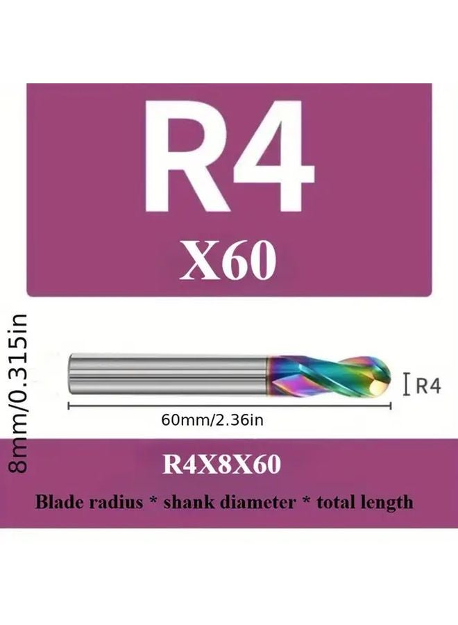 HRC55 Ball End Milling Cutter R4X8X60 2 Slot CNC Tool Seven Color Coating Tungsten Steel - Image 1