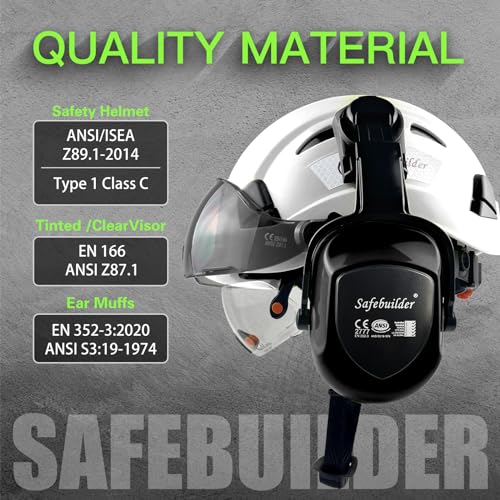 SAFEBUILDER Construction Safety Helmet with Visors Clear & Tinted Earmuffs Hearing Protection Industrial Work Hard Hat for Engineer (White Helmet with Clear & Tinted Visor & Earmuffs) - Image 3