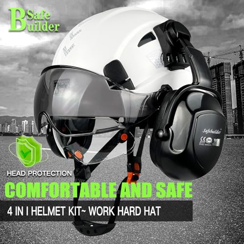 SAFEBUILDER Construction Safety Helmet with Visors Clear & Tinted Earmuffs Hearing Protection Industrial Work Hard Hat for Engineer (White Helmet with Clear & Tinted Visor & Earmuffs) - Image 2