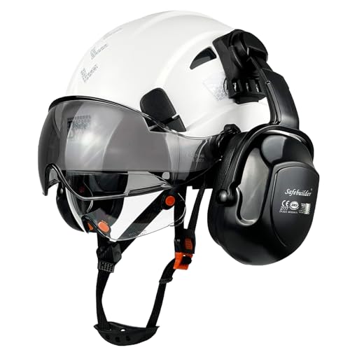 SAFEBUILDER Construction Safety Helmet with Visors Clear & Tinted Earmuffs Hearing Protection Industrial Work Hard Hat for Engineer (White Helmet with Clear & Tinted Visor & Earmuffs) - Image 1