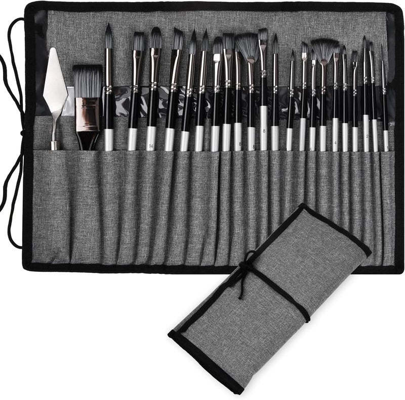 GOLD LEAF 24Pcs Grey Assorted Styles, Different Sizes Professional Art Paint Brushes with Nylon Fabric Roll for Oil, Acrylic Canvas and Watercolor with Bag, for Household School and Artistic Use - Image 1