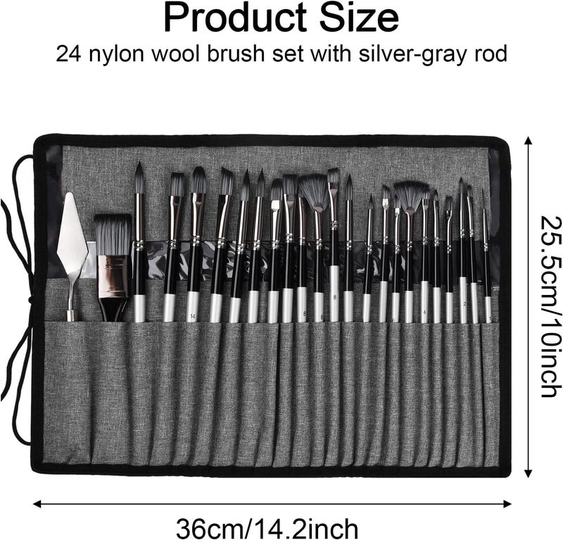 GOLD LEAF 24Pcs Grey Assorted Styles, Different Sizes Professional Art Paint Brushes with Nylon Fabric Roll for Oil, Acrylic Canvas and Watercolor with Bag, for Household School and Artistic Use - Image 3
