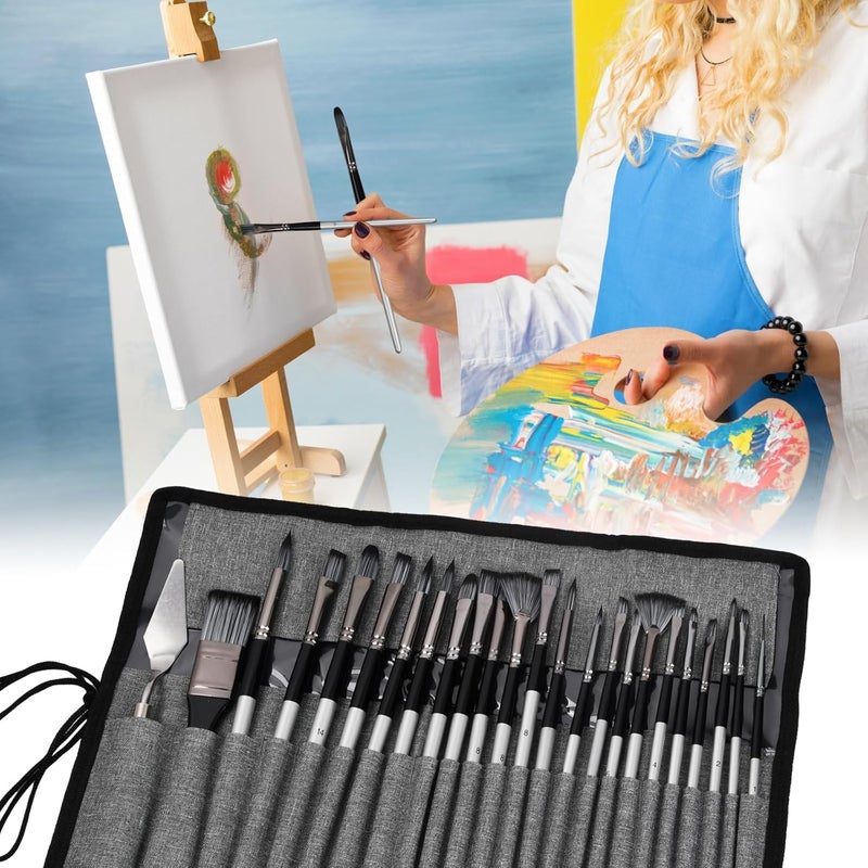 GOLD LEAF 24Pcs Grey Assorted Styles, Different Sizes Professional Art Paint Brushes with Nylon Fabric Roll for Oil, Acrylic Canvas and Watercolor with Bag, for Household School and Artistic Use - Image 5