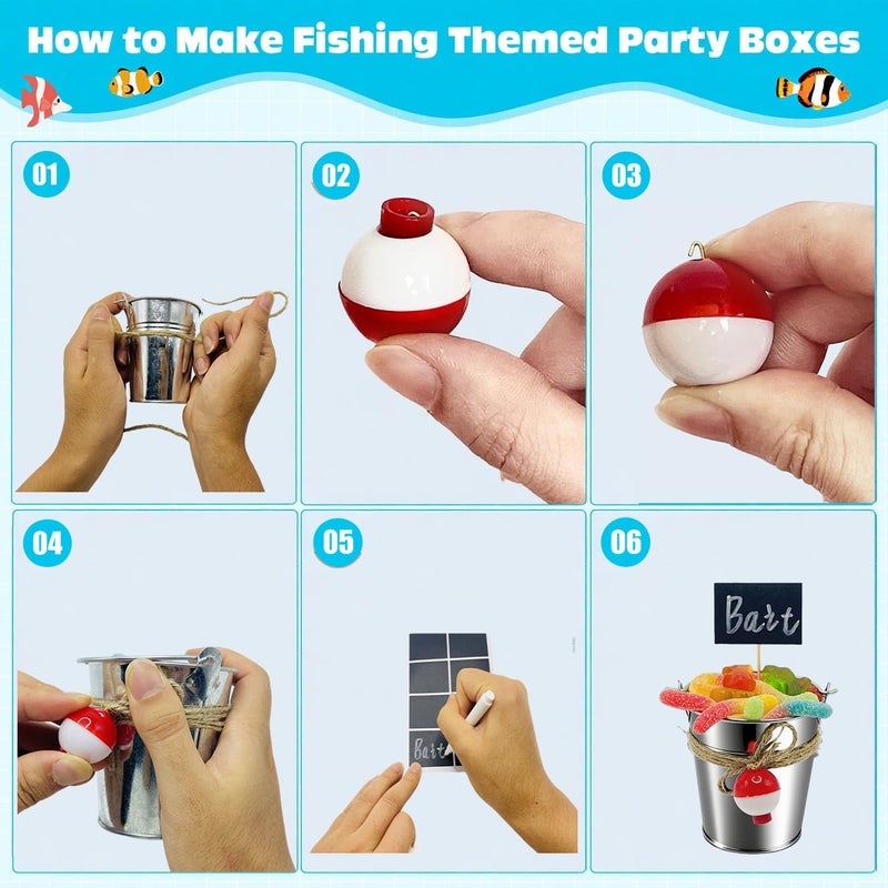 yasuwekik 24 Fishing Bait Buckets for Birthday Party Favors with 24 Fishing Bobber Erasable Stickers and Chalk Marker for Making My Party Reel Fun Gone Fishing Theme Supplies Fishing Decorations - Image 4