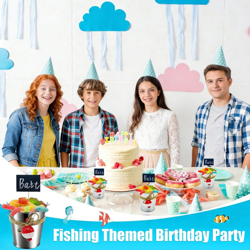 yasuwekik 24 Fishing Bait Buckets for Birthday Party Favors with 24 Fishing Bobber Erasable Stickers and Chalk Marker for Making My Party Reel Fun Gone Fishing Theme Supplies Fishing Decorations - Image 3