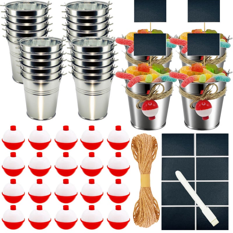 yasuwekik 24 Fishing Bait Buckets for Birthday Party Favors with 24 Fishing Bobber Erasable Stickers and Chalk Marker for Making My Party Reel Fun Gone Fishing Theme Supplies Fishing Decorations - Image 1
