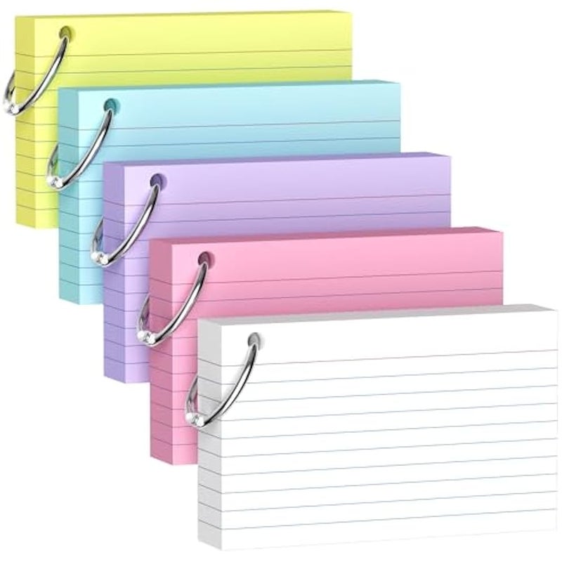 250 بطاقة فهرسة ملونة، 3×5 انش مع حلقة مفاتيح - بطاقات تعليمية ثقيلة الوزن 180 غرام لكل متر مربع - 5 الوان نابضة بالحياة (ابيض وبينك وارجواني وازرق واصفر) - مثالية للدراسة والملاحظات والذاكرة، طلاب - Image 1
