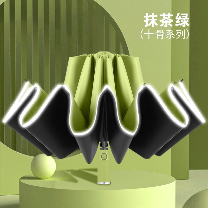 Automatic Reverse Umbrella with Flashlight Color Handle Reverse Umbrella Opaque Black Olive Green - Image 4