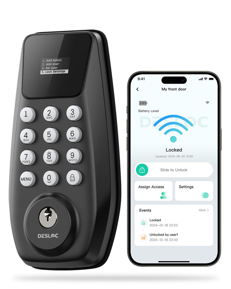 DESLOC C100 Plus Built-in WiFi Smart Lock, Keyless Entry Door Lock with Display, Keypad Deadbolt for Front Door, App Remote Control, Anti-Peeping Password, BHMA Grade 3, Black - Image 1