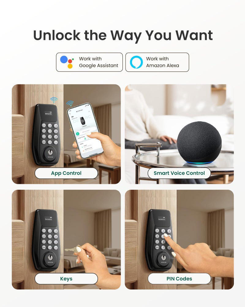 DESLOC C100 Plus Built-in WiFi Smart Lock, Keyless Entry Door Lock with Display, Keypad Deadbolt for Front Door, App Remote Control, Anti-Peeping Password, BHMA Grade 3, Black - Image 2