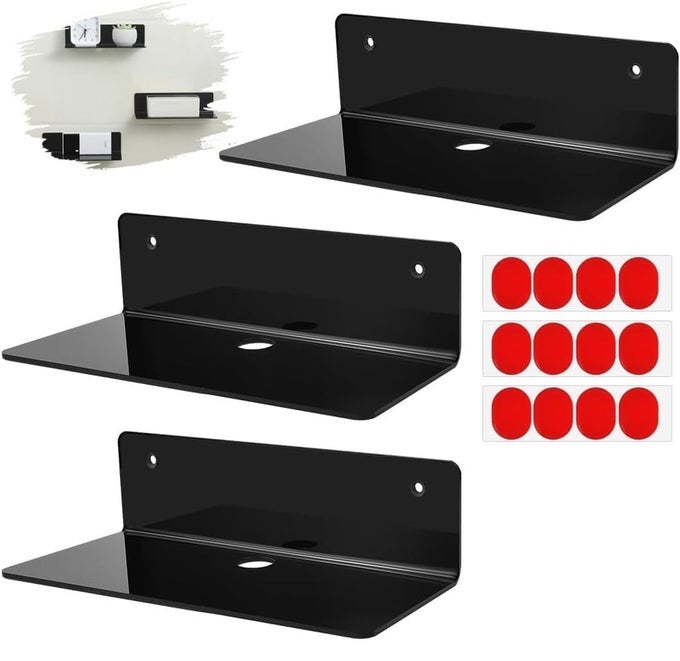 4 PCS SMALL ACRYLIC FLOATING WALL SHELVES,9 INCH ADHESIVE DISPLAY SHELF FOR NINTENDO SWITCH/SMART SPEAKER/SECURITY CAMERAS/ACTION FIGURES,NO DAMAGE EXPAND WALL SPACE,BLACK
