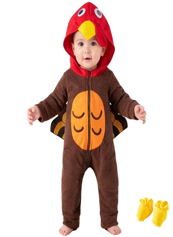 Okbebe Toddler Turkey Dress Up Baby Boy Girl Thanksgiving Cartoon Turkey Hooded Outfit (Brown 6-12 Months) - Image 2