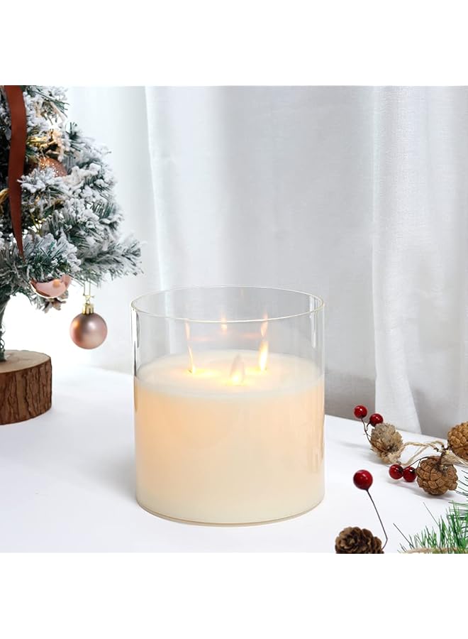 The Bros شمعة زجاجية كبيرة بقطر 15 سم و 3 فتائل تعمل بالبطارية مع مؤقت لمدة 6 ساعات، تأثير ثلاثي الأبعاد متأرجح ووميض جانبي لحفلة عيد الميلاد والزفاف وغرفة النوم والطاولة الداخلية (بيضاء) - Image 1