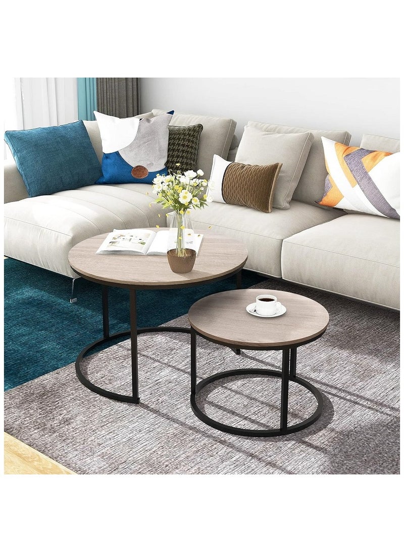 AGD 2-Piece Round Coffee Tables Nesting Table Set Circle Coffee Table with Storage Open Shelf for Living Room Modern Minimalist Style Furniture Side End Table - Image 2