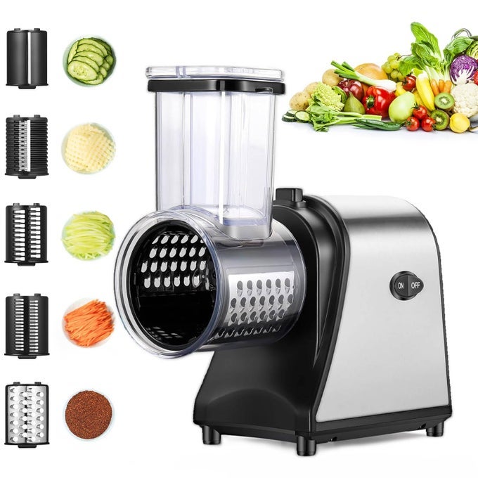 ELECTRIC CHEESE GRATER 250W ELECTRIC SLICER SHREDDER ONETOUCH CONTROL ELECTRIC SALAD MACHINE FOR CHEESE FRUITS VEGETABLES SALAD MAKER WITH 5 DIFFERENT SHAPES OF BLADES 2025 UPGRADE