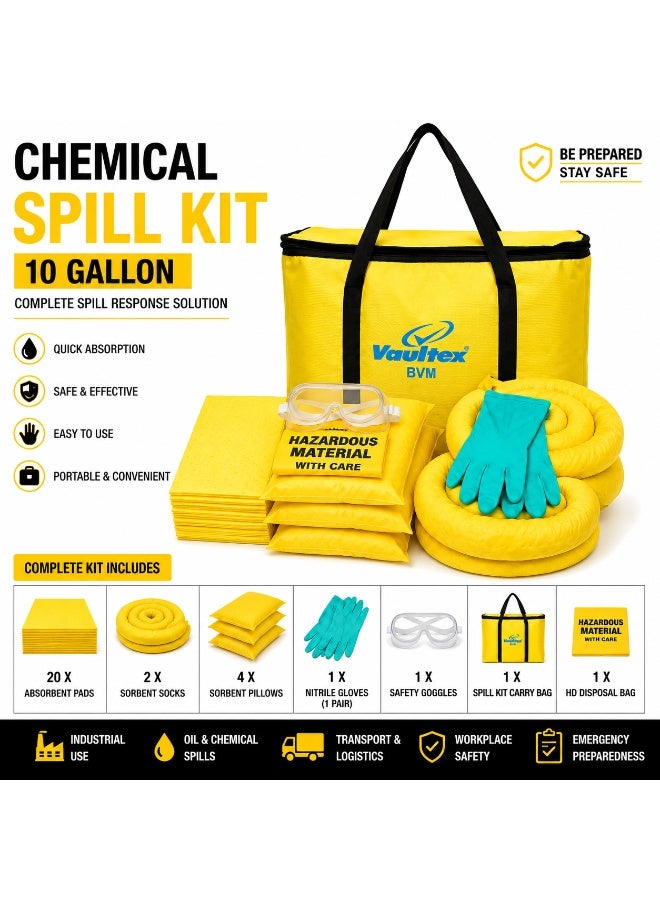 Vaultex Chemical Spill Kit 10 Gallon – Complete Emergency Spill Response Kit with 20 Absorbent Pads, 2 Sorbent Socks, 4 Sorbent Pillows, Nitrile Gloves, Safety Goggles & Carry Bag - Image 1