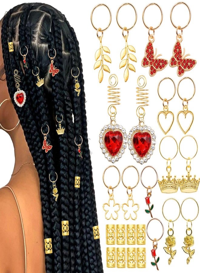 VENOFEN 24PCS Hair Jewelry for Braids Red Heart Butterfly Hair Charms Valentine's Day Loc Jewelry Flower Braids Accessories Gold Hair Cuffs Decoration for Women and Girls - Image 1