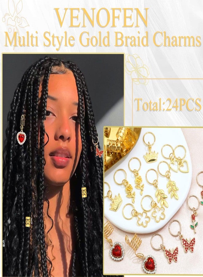 VENOFEN 24PCS Hair Jewelry for Braids Red Heart Butterfly Hair Charms Valentine's Day Loc Jewelry Flower Braids Accessories Gold Hair Cuffs Decoration for Women and Girls - Image 3