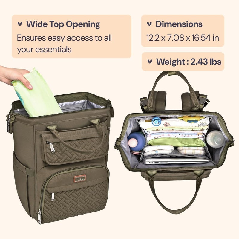 BabbleRoo Diaper Bag Backpack, Multifunction Nappy Changing Bag with Changing Pad, Stroller Straps & Pacifier Case, Unisex Stylish Travel Back Pack for Moms & Dads - Army Green - Image 3