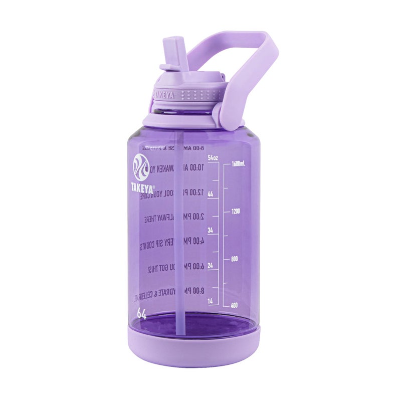 Takeya Tritan Motivational Water Bottle with Straw Lid  Durable BPAFree  With Time Marker  Leakproof  NonSlip Bumper  64 oz Vivacity Purple