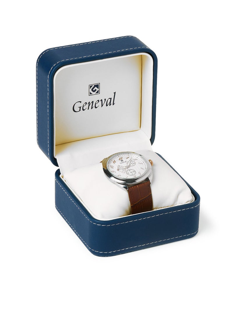 GENEVAL ساعة يد تناظرية بحزام جلدي GL1513CRWO - 44 مم - بني - Image 5