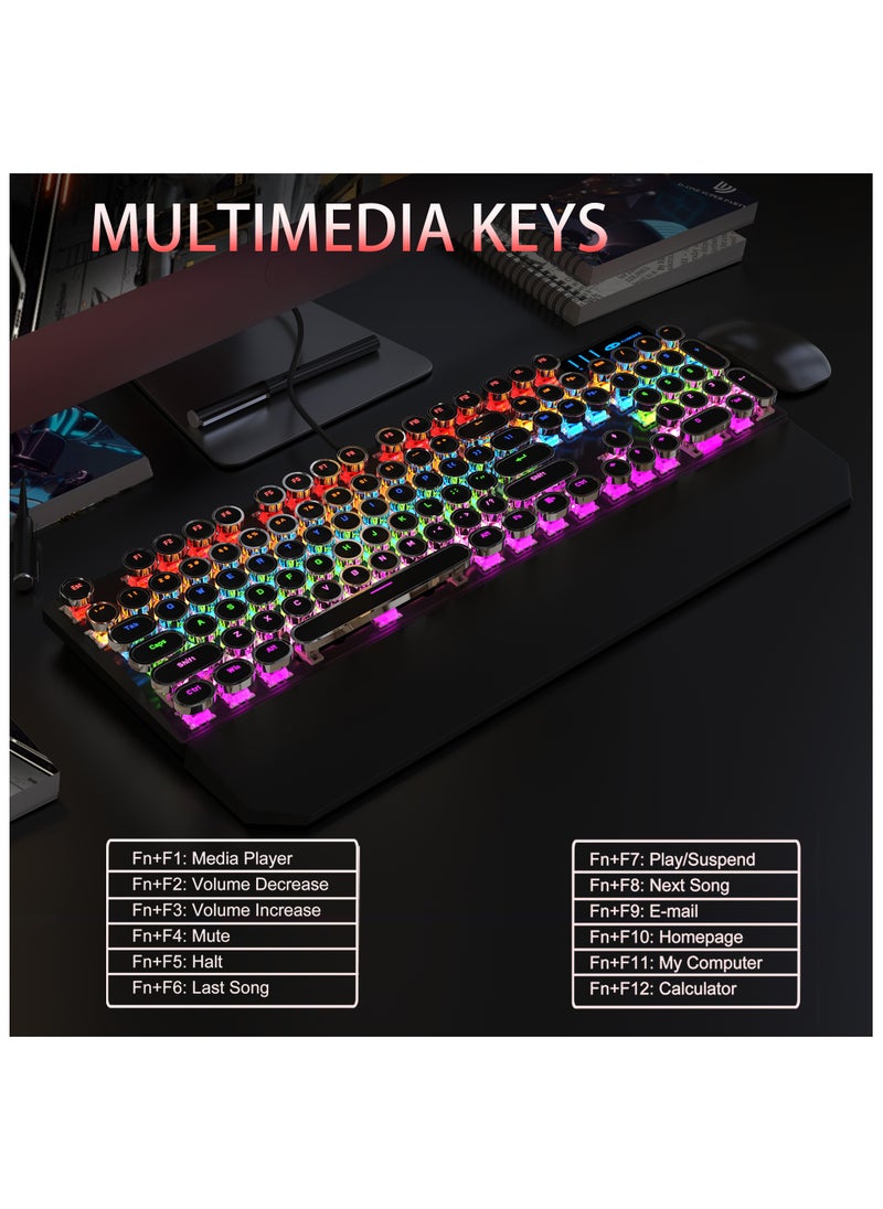 MageGee - MageGee Typewriter Mechanical Gaming Keyboard, Retro Punk Round Keycaps with RGB Rainbow Backlit USB Wired Keyboards for Game and Office, for Windows Laptop PC Mac - Blue Switches/Black - Image 1