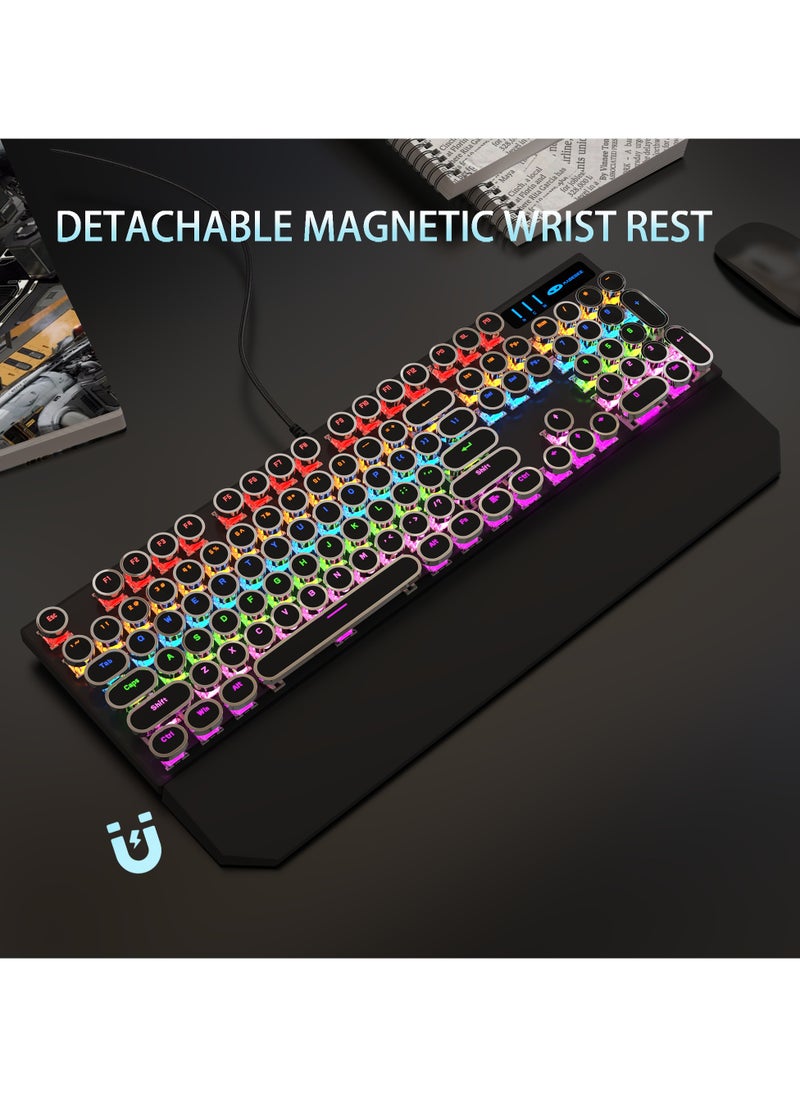 MageGee - MageGee Typewriter Mechanical Gaming Keyboard, Retro Punk Round Keycaps with RGB Rainbow Backlit USB Wired Keyboards for Game and Office, for Windows Laptop PC Mac - Blue Switches/Black - Image 1