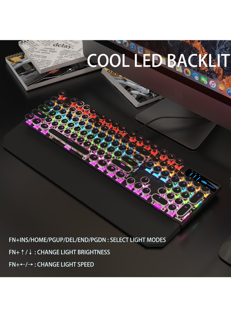 MageGee - MageGee Typewriter Mechanical Gaming Keyboard, Retro Punk Round Keycaps with RGB Rainbow Backlit USB Wired Keyboards for Game and Office, for Windows Laptop PC Mac - Blue Switches/Black - Image 1
