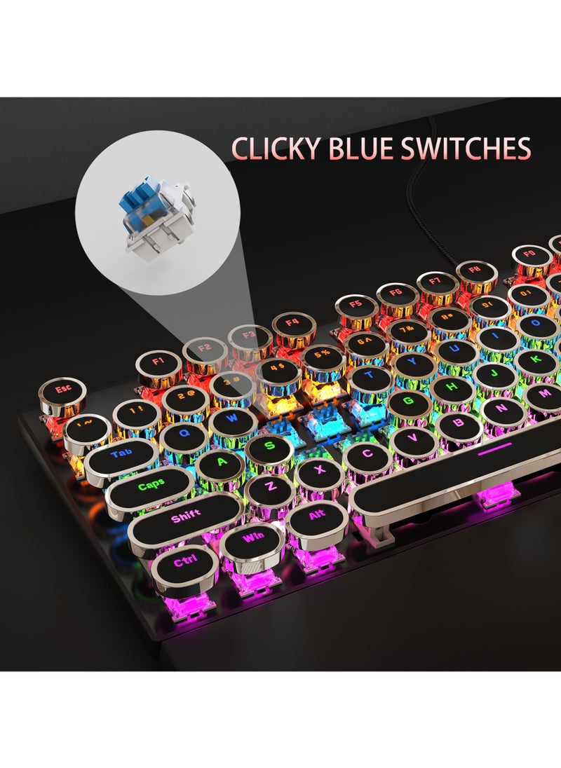 MageGee - MageGee Typewriter Mechanical Gaming Keyboard, Retro Punk Round Keycaps with RGB Rainbow Backlit USB Wired Keyboards for Game and Office, for Windows Laptop PC Mac - Blue Switches/Black - Image 1