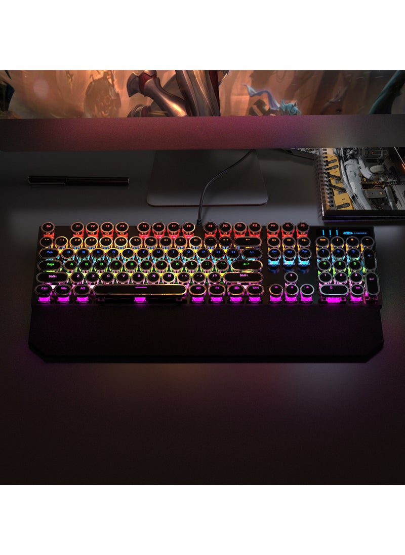 MageGee - MageGee Typewriter Mechanical Gaming Keyboard, Retro Punk Round Keycaps with RGB Rainbow Backlit USB Wired Keyboards for Game and Office, for Windows Laptop PC Mac - Blue Switches/Black - Image 1