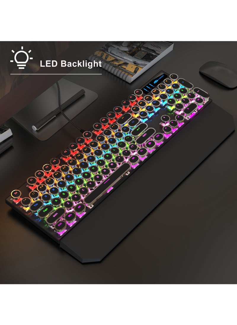 MageGee - MageGee Typewriter Mechanical Gaming Keyboard, Retro Punk Round Keycaps with RGB Rainbow Backlit USB Wired Keyboards for Game and Office, for Windows Laptop PC Mac - Blue Switches/Black - Image 1